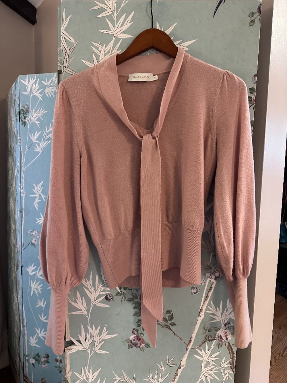 Zimmermann Pink Wool Puff Sleeve Pussybow Detailed Knitted Top